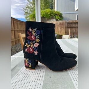 Toms Black Floral Embroidered Suede Heeled Booties